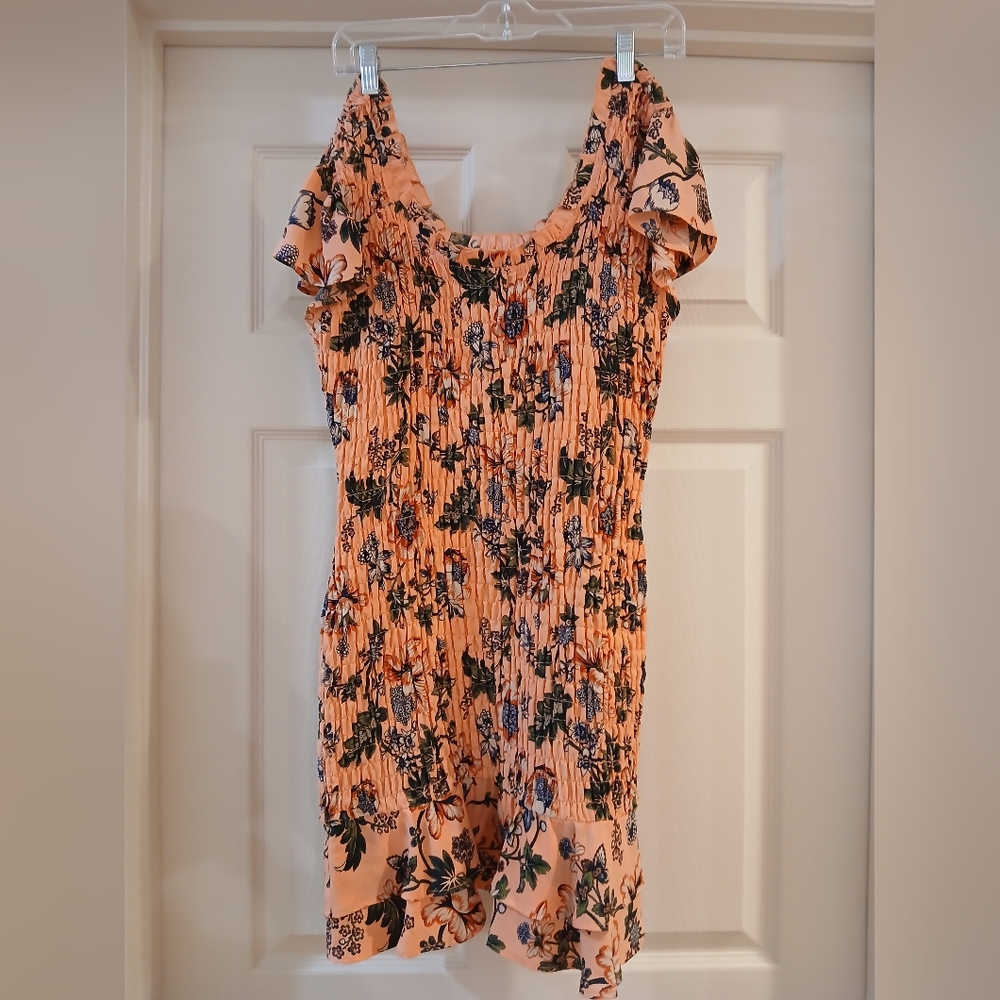 Chelsea28 Orange Ruffle Smocked Floral pull on Mini Dress Size Small EUC - Picture 2 of 8